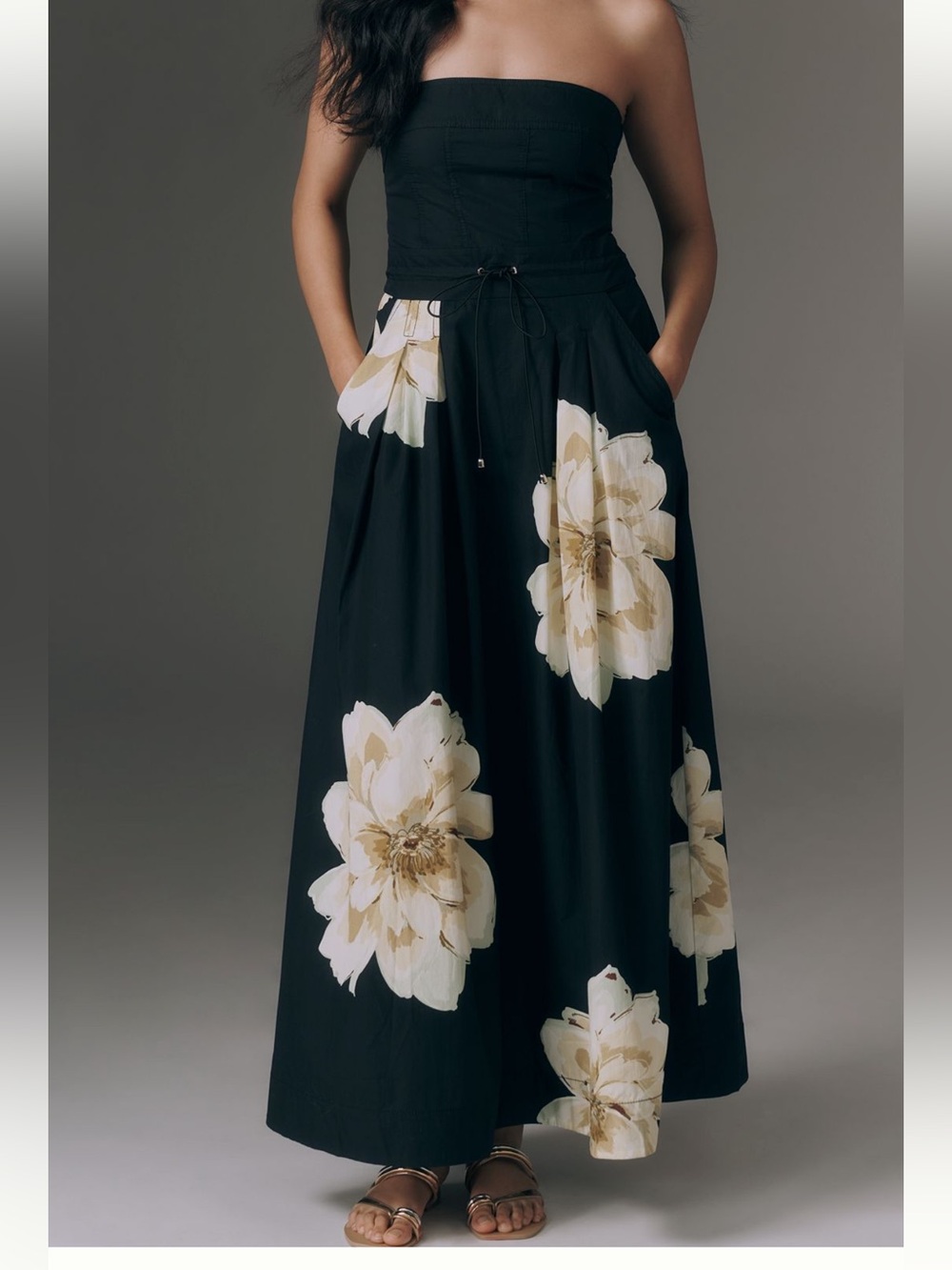 Anthropologie Maeve Strapless Smocked Maxi Dress Pockets Black Floral size large - Picture 1 of 12